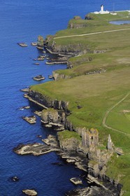 United Kingdom, Scotland, Highland, Castle Sinclair Girnigoe located north of Wick on the east coast of Caithness and the Noss Head Lighthouse (aerial view)
