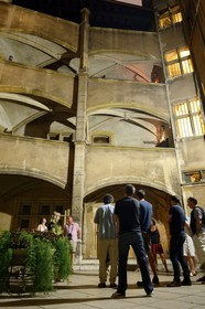 France, Rhone, Lyon, historical site listed as World Heritage by UNESCO, Printing Museum courtyard in the traboule behind the Bouchon Lyonnais (typical and traditional restaurant of Lyon) the Musee in the rue des Forces