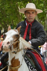 Argentine, province de Buenos Aires, San Antonio de Areco, fête du Jour de la Tradition (Dia de la Tradicion), gaucho à cheval défilant en habit traditionnel
