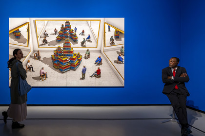 France, Paris, Bois de Boulogne, the Louis Vuitton Foundation by architect Frank Gehry, David Hockney exhibition 25, Spectators looking at a ready-made with skull and mirrors (2018)
