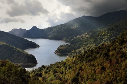 France, Corse du Sud, Prunelli river valley,  the village of Tolla at the edge of the artificial lake of Tolla from the Scalledda pass