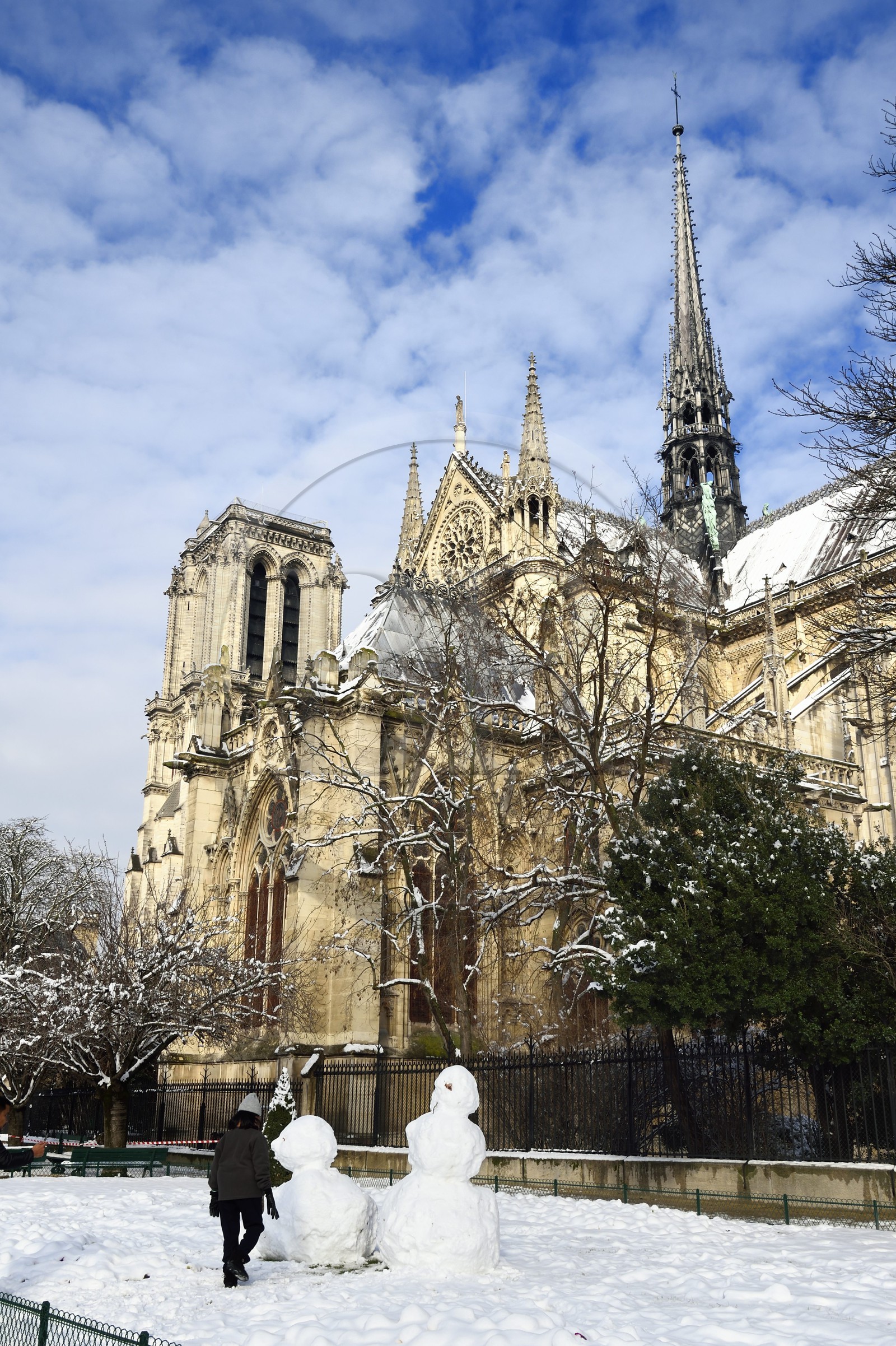 France, Paris, area listed as World Heritage by UNESCO, the banks of the Seine, classified World Heritage by UNESCO, the Notre-Dame Cathedral under the snow on the Ile de la Cité and the public garden Jean XXIII on the quai de l'Archevêché, snowman