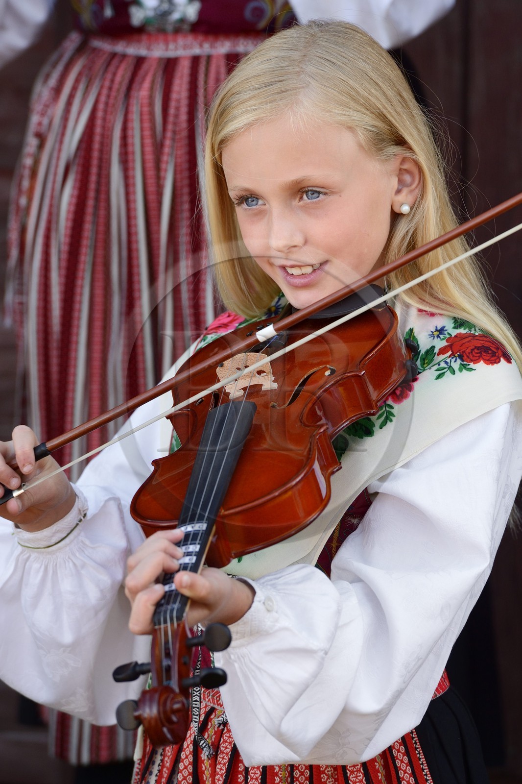 Suède, comté de Dalécarlie, région de Leksand, célébrations du solstice d'été dans le petit hameau de Hjulbäck, jeune fille en costume traditionnel jouant du violon