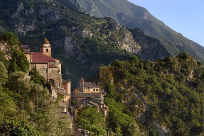 France, Alpes-Maritimes, Roya Valley (Nice hinterland), at the foot of the Mercantour National Park, perched village of Saorge, Saint-Sauveur (St. Saviour) church overlooks the valley