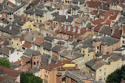 France, Rhone, Lyon, historical site listed as World Heritage by UNESCO, Vieux Lyon (Old Town), the Saint Jean district with its Renaissance houses, in the foreground the Maison du Crible also called Tour Rose