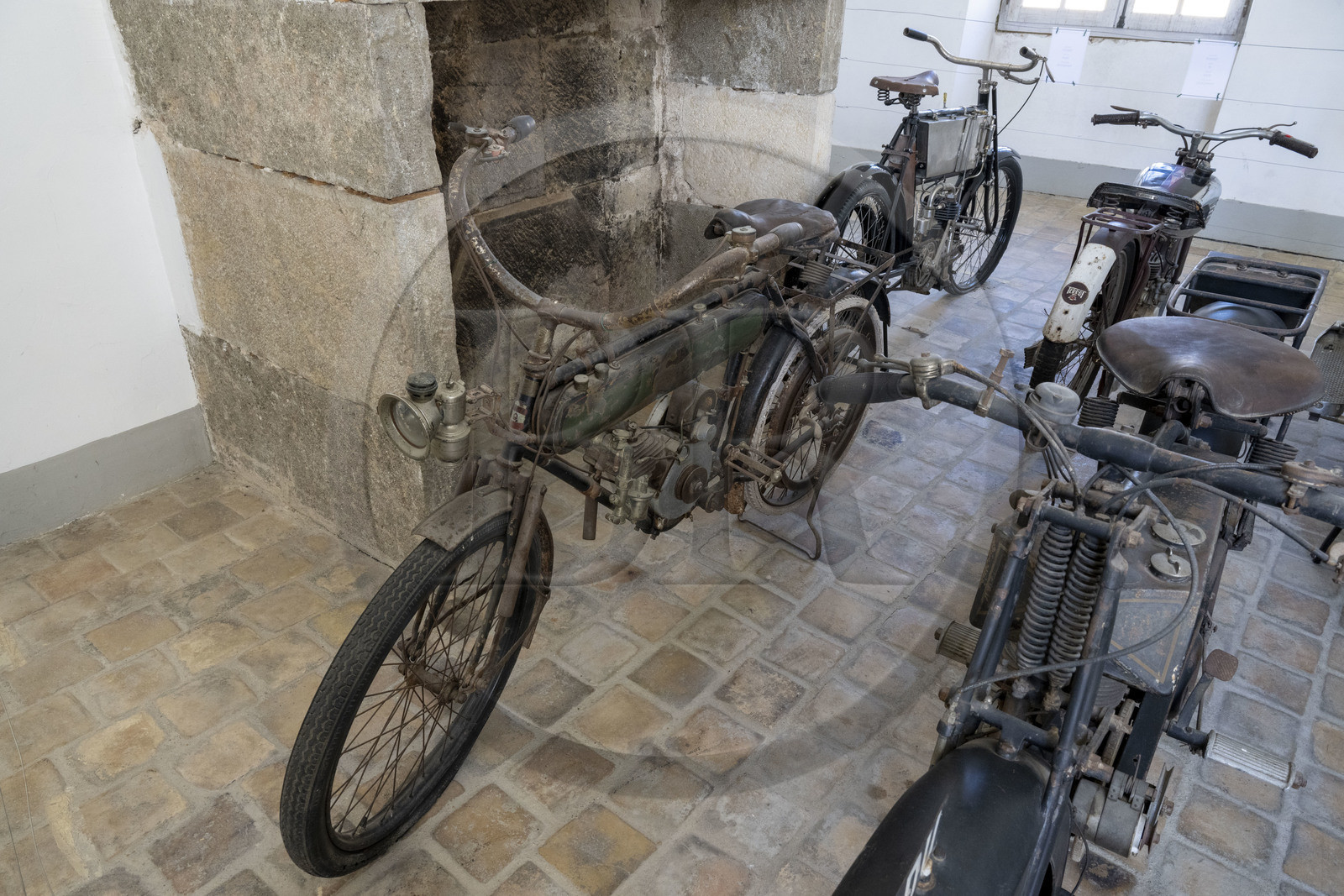 France, Cote d'Or, Climats terroirs of Burgundy listed as World Heritage by UNESCO, Côte de Beaune, Savigny-les-Beaune, the castle with museums and collections of fighter planes, Abarth racing cars, motorcycles, straddle tractors, models, fire trucks, French motorcycle Rupta model 12 from 1912 belonging to Jean Mermoz