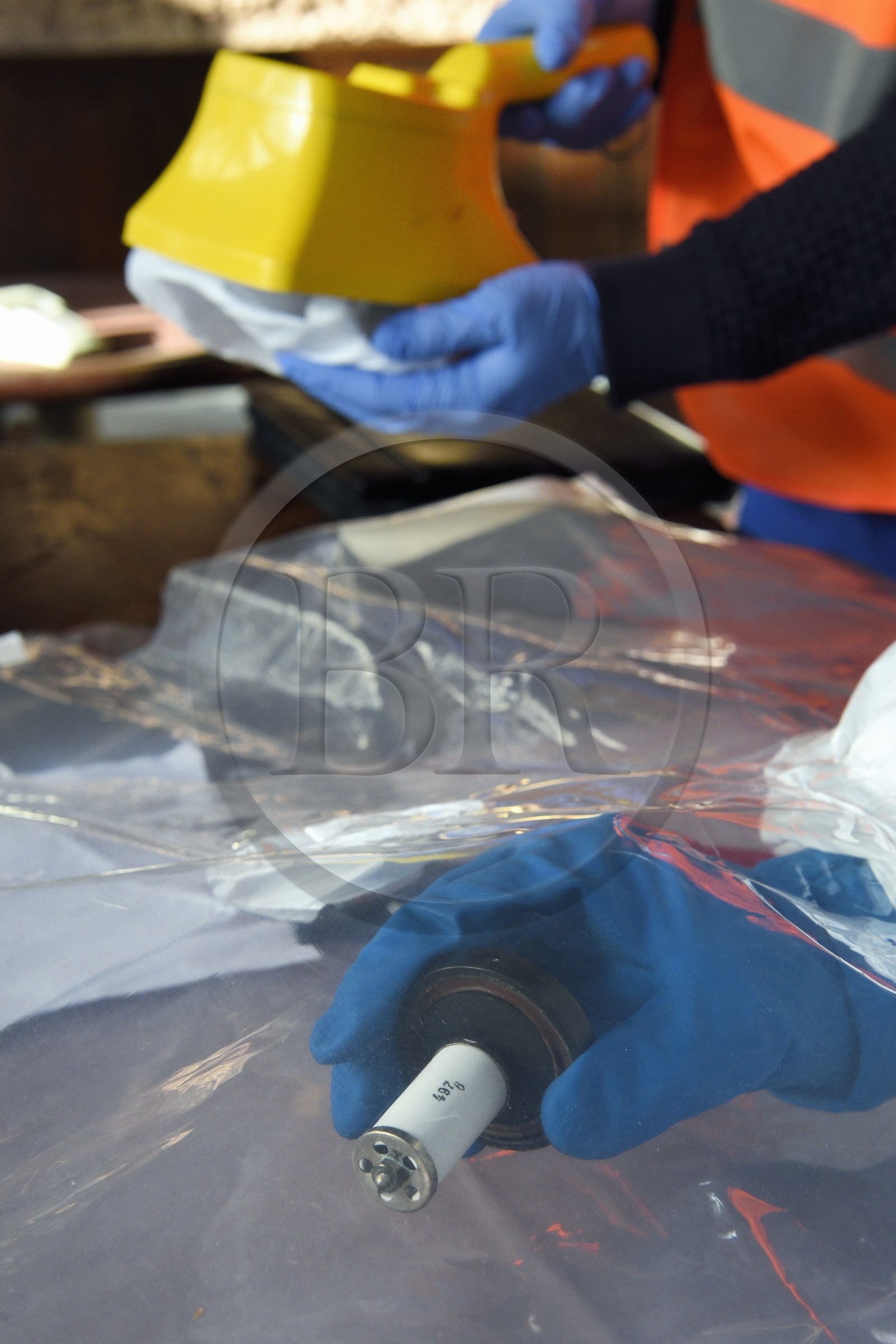 France, Bas-Rhin, Schiltigheim, intervention of engineers from the National Agency for the Management of Radioactive Waste (Andra) in a private home to remove radioactivity from a rare model of a century-old radium fountain, porcelain irradiated with radium that was infused in cold water in a dedicated glass