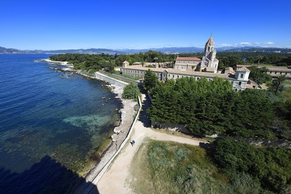 France, Alpes-Maritimes, Lerins Islands, Saint-Honorat island, Abbey of Lerins, the abbey church and monastery