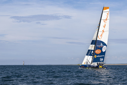 France, Vendee, Les Sables d'Olonne, skipper Manuel Cousin training on his 60-foot monohull sailboat IMOCA Coup de Pouce