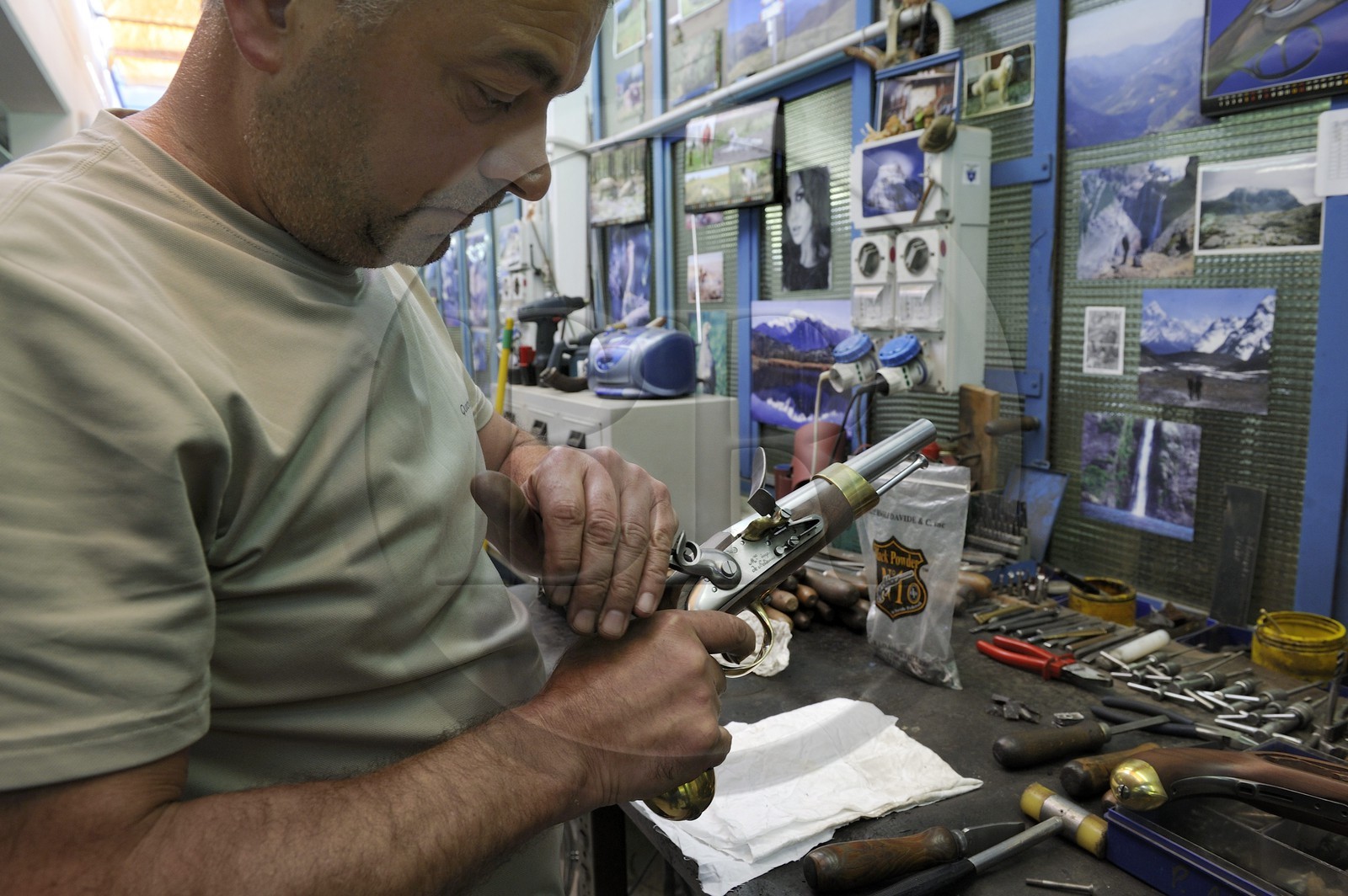 Italy, Lombardy, province of Brescia, Gardone Val Trompia, Davide Pedersoli & C manufacturer specialized in the production of historical muzzleloading guns, final assembly of a pistol