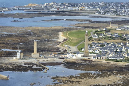 France, Finistere, Penmarch, Pointe de Penmarc'h, St Pierre Harbour, Eckmuhl Lighthouse on the right, former lighthouse and semaphore left (aerial view)