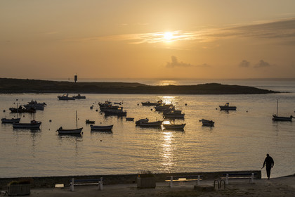 France, Finistère (29), Mer d'Iroise, Ile de Molène au petit matin, les bateaux de pêches sont au mouillage à la belle saison entre le bourg et l'ilot Lédenez Vraz en arrière plan