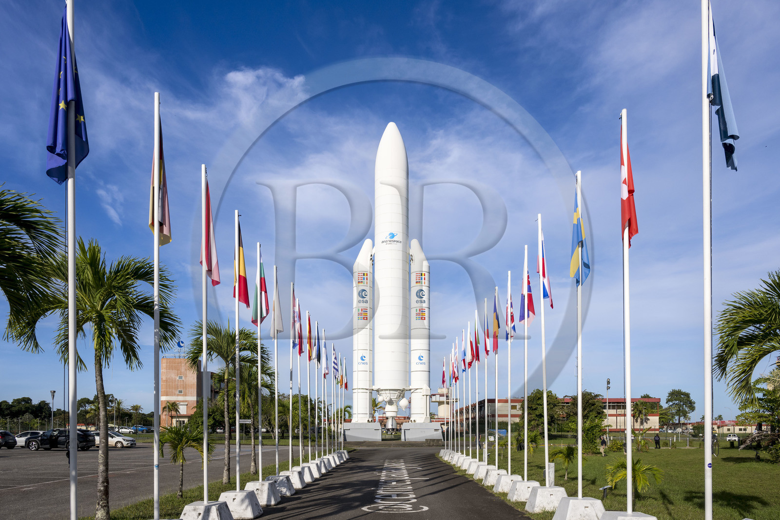 France, French Guiana, Kourou, Guiana Space Centre (Centre spatial guyanais, CSG) also called Europe's Spaceport, life-size replica of the Ariane V rocket