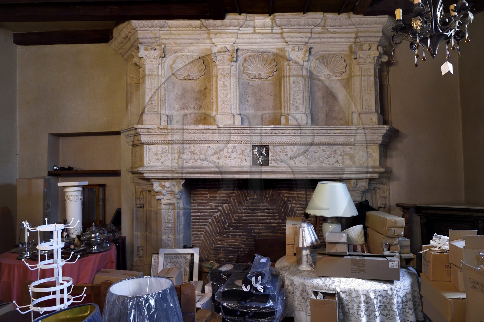 France, Dordogne, White Perigord, Perigueux, Renaissance fireplace in a reserve of the Maison Estignard