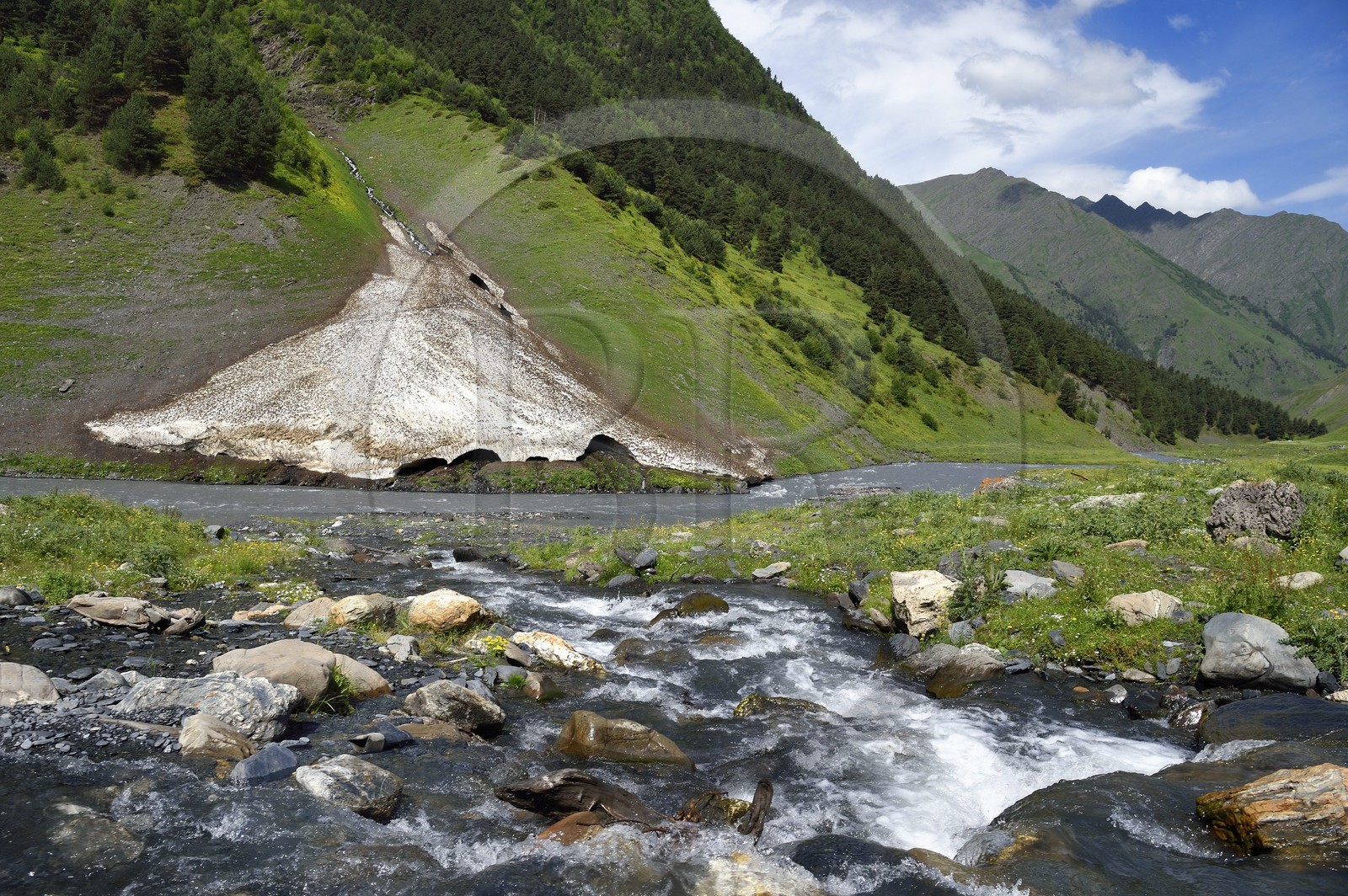 Géorgie, Kakheti, Parc national de Touchétie, vallée de la rivière Alazani dans les montagnes de Pirikiti, névé encore présent fin juin