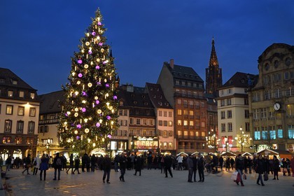 France, Bas-Rhin (67), Strasbourg, vieille ville classée au Patrimoine Mondial de l'UNESCO, le Grand Sapin de Noel de la place Kléber et la cathédrale Notre-Dame en arrière plan