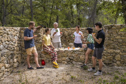 France, Var (83), Provence Verte, Bras, Académie du Bain de Forêt Provençale, forêt du domaine Le Peyrourier - une campagne en Provence, Constanze Coisne guide le Shinrin Yoku