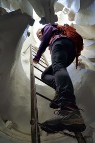 France, Haute Loire, Le Puy en Velay, Routes of Santiago de Compostela in France listed as World heritage by UNESCO, ladder that ends the internal staircase of the statue of Notre-Dame de France (from 1860) at the top of the Rocher Corneille
