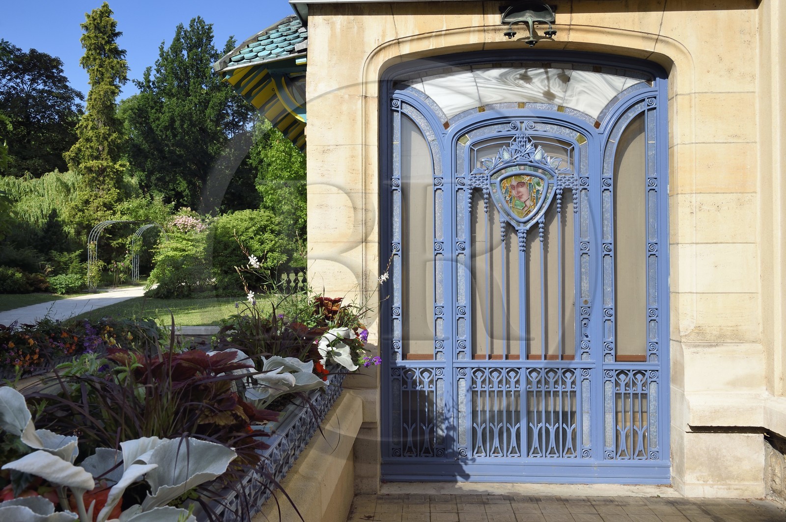 France, Meurthe-et-Moselle, Nancy, Ecole de Nancy Museum in the former estate of Eugene Corbin, stained glass window on the front door