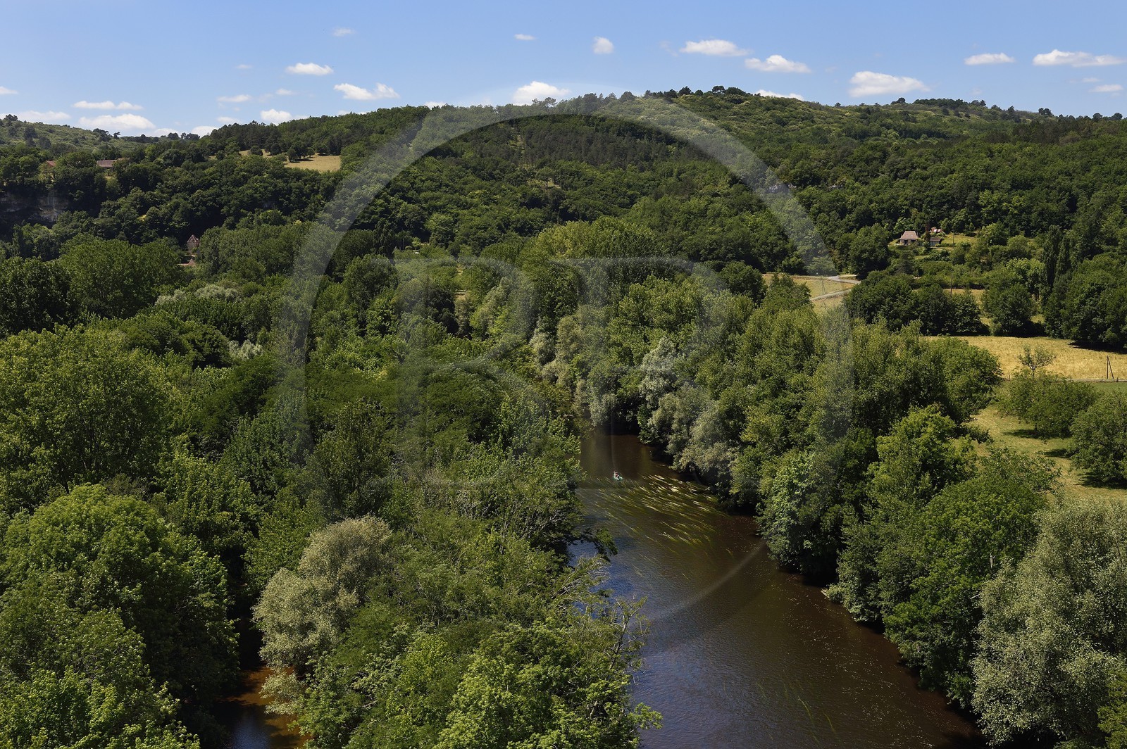 France, Dordogne, Perigord Noir, Vezere Valley at Peyzac le Moustier, kayaking on the Vezere river (aerial view)