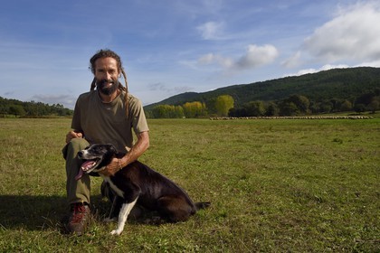 France, Var, Massif des Maures, Collobrières, plateau Lambert, the shepherd Laurent Ripert and herding dog