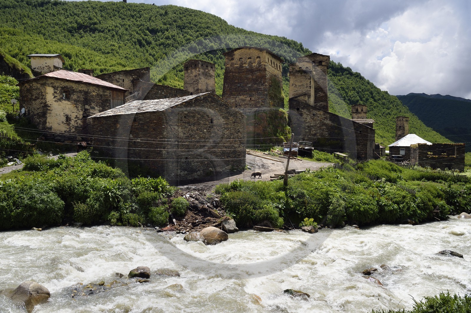 Georgia, Upper Svaneti (Zemo Svaneti), village of Ushguli, listed as World heritage by UNESCO, Svan defensive towers erected next to the houses