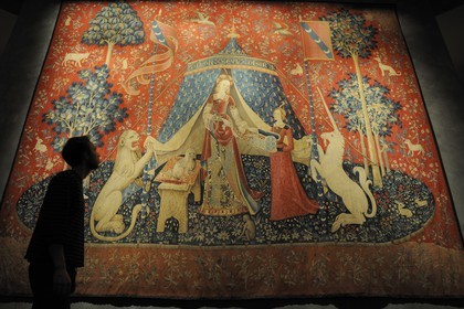 France, Paris, Musee du Moyen-Age (Middle Ages Museum), the former Hotel de Cluny, the Lady Lady and the Unicorn (French: La Dame à la licorne) is the modern title given to a series of six tapestries woven in Flanders in the end of 15th century