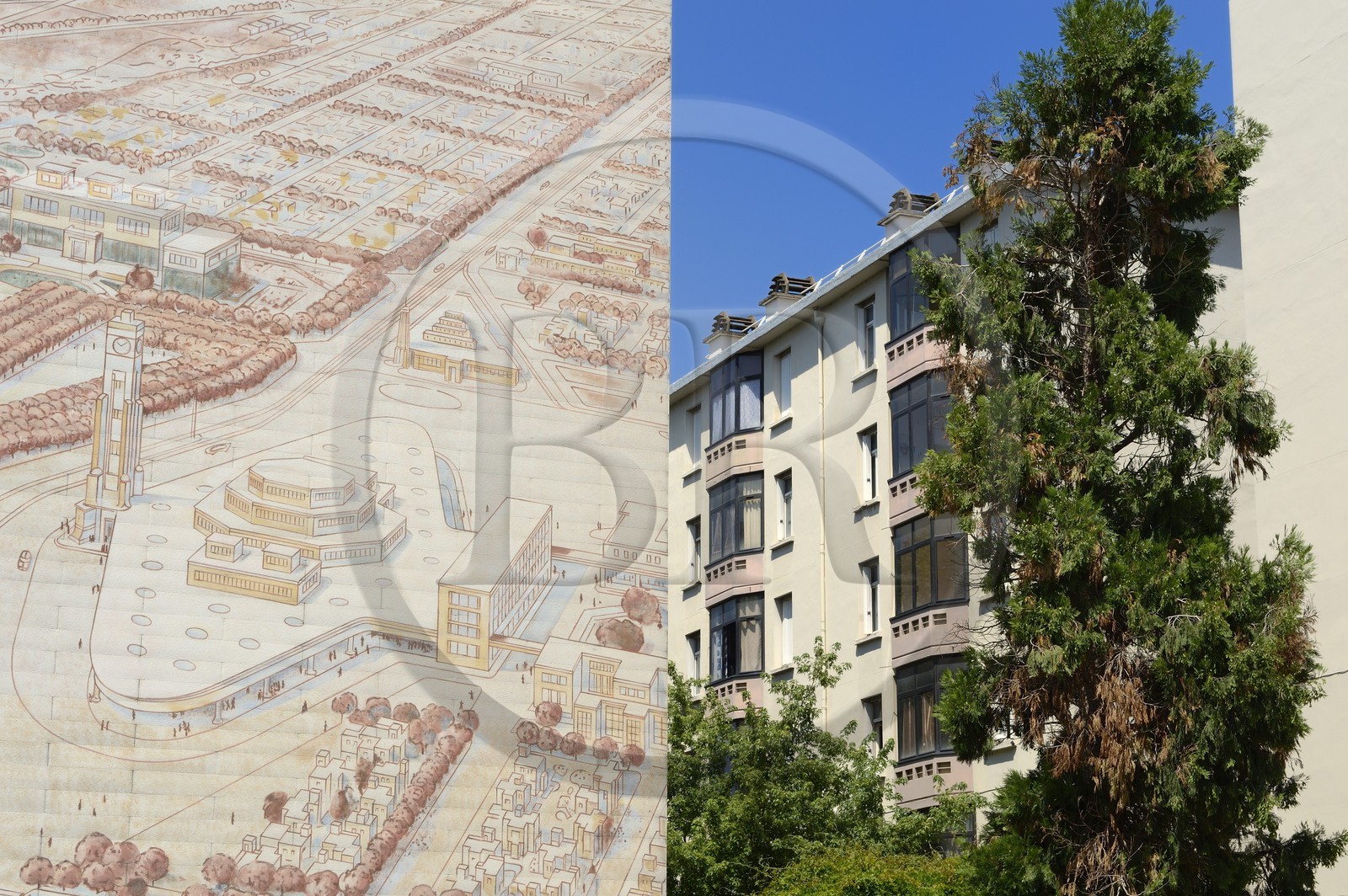France, Rhône (69), Lyon, le musée urbain Tony-Garnier dans le quartier populaire des États-Unis, murs peints conçus par les artistes de la CitéCréation retraçant l'oeuvre de l'architecte Tony Garnier