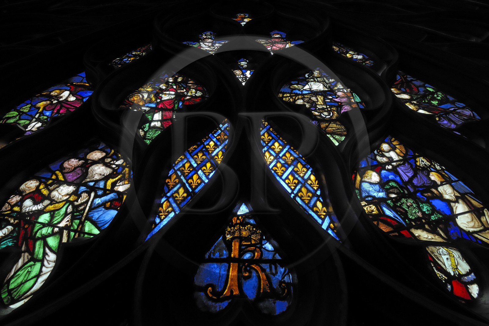 France, Paris (75), ile de la Cité, la Sainte Chapelle, la Chapelle Haute, détail d'un vitrail de la rosace