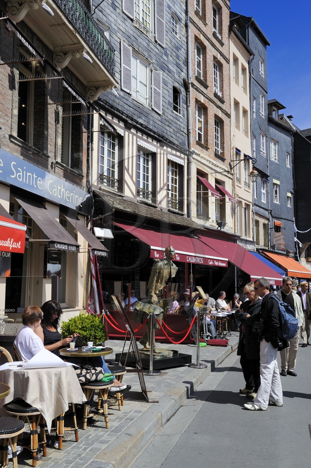 France, Calvados, Honfleur, restaurants from Sainte Catherine quay on the Vieux-Bassin (Old Basin)