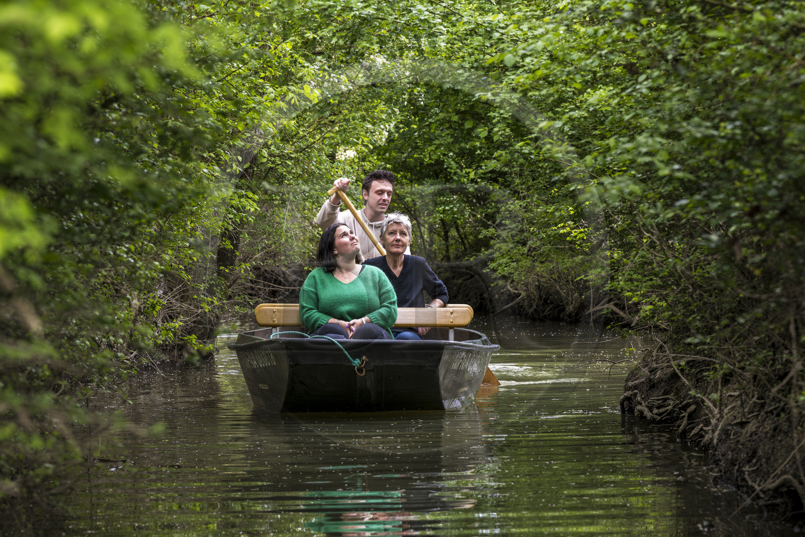 France, Vendée (85), Parc Interrégional du Marais Poitevin labellisé Grand Site de France, Maillezais, batelier effectuant une promenade en barque dans les conches sur les affluents de l'Autise