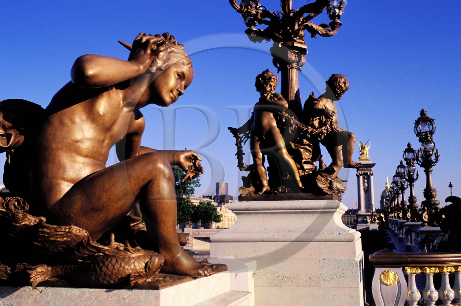 France, Paris, famous statues of the Alexandre the III bridge, on the Seine river