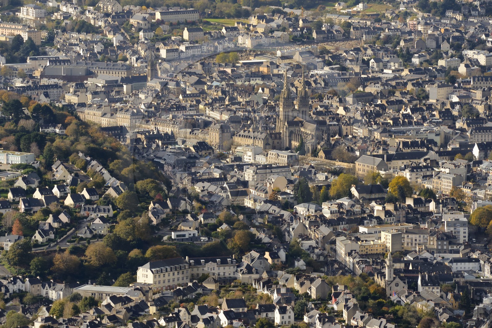 France, Finistere, Quimper, St Corentin Cathedral in the city center and the banks of the Odet river (aerial view)