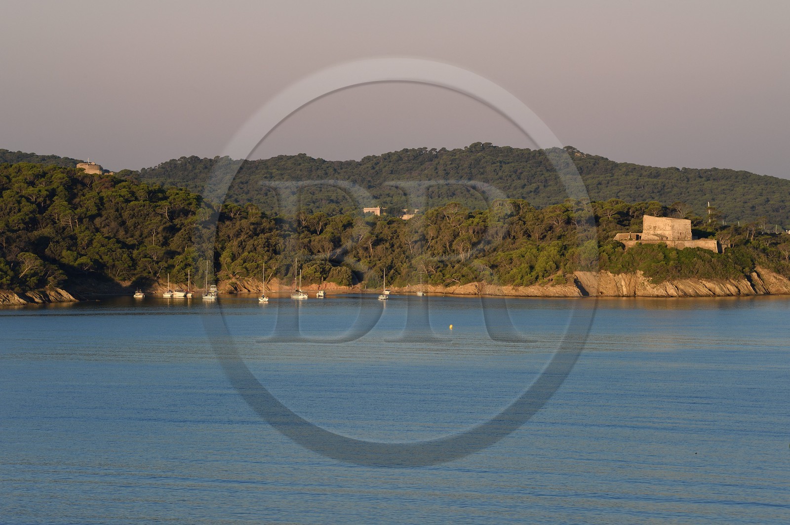 France, Var (83), Iles d'Hyères, parc national de Port Cros, Ile de Porquerolles, la baie et le Fort de l'Alycastre