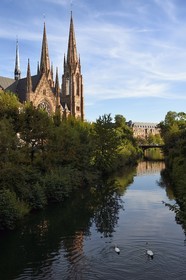 France, Bas Rhin, Strasbourg, Neustadt district dating from the German period listed as World Heritage by UNESCO, Saint Paul Protestant church and the Auvergne bridge spanning the Ill
