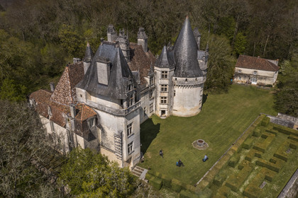France, Dordogne, Périgord Vert, Villars, cyclists traveling along the Flow Vélo cycle route in front of Renaissance style Puyguilhem castle (aerial view)