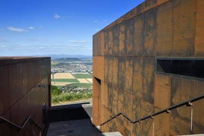 France, Puy de Dome, Gergovie Plateau, historic site of the battle between the Averni and the Romans of Caesar in 52 BC, Archeologic Museum overlooking the plain of Limagne