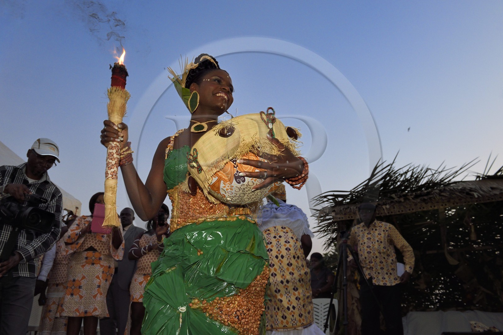 Gabon, Libreville, customary wedding, the bride with traditional symbols