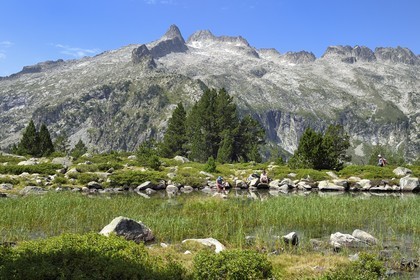 France, Hautes Pyrenees, Saint Lary Soulan and Vielle Aure, Neouvielle National Nature Reserve, Neouvielle lakes hike, Aumar lake and the peak of Neouvielle in the background