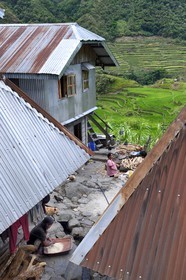 Philippines, province d'Ifugao, les rizières en terrasses de Banaue autour du village de Batad, classées Patrimoine Mondial de l'UNESCO, homme triant le riz sous son grenier
