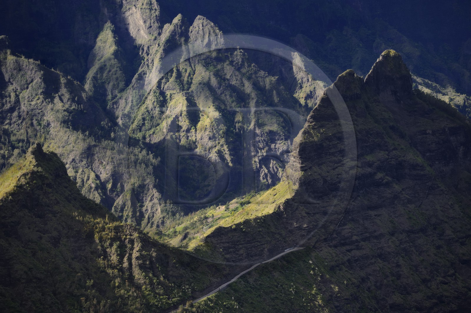 France, Reunion island (French overseas department), cirque of Cilaos, listed as World Heritage by UNESCO, tunnel exit to access Cilaos behind the village of Palmiste Rouge (aerial view)
