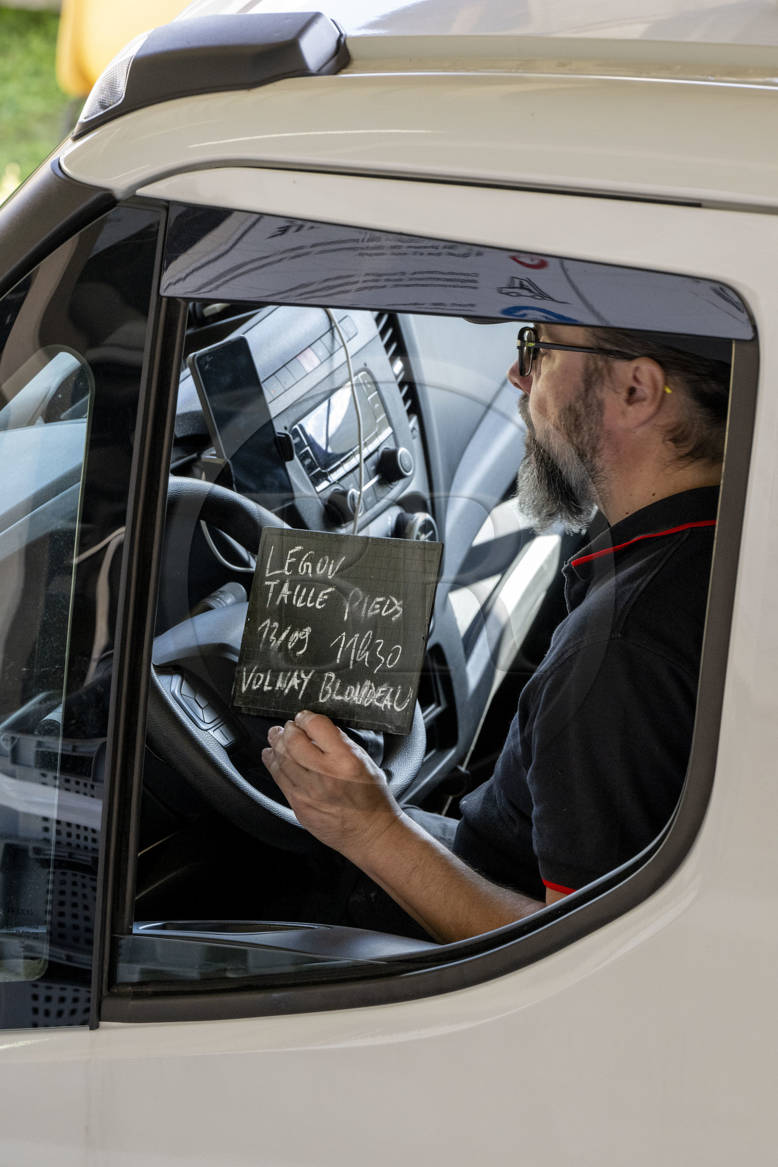 France, Côte-d'Or (21), les climats de Bourgogne classés Patrimoine Mondial de l'UNESCO, Beaune, Cuverie des Hospices de Beaune, arrivée de raisins des vendanges de la parcelle de Taille-Pieds à Volnay qui servent à produire un Volnay 1er Cru cuvée Blondeau, ardoise pour l'enregistrement