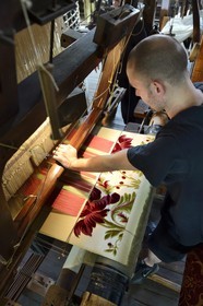 France, Rhone, Lyon, La Croix Rousse District, Silk manufacturer Prelle, silk loom developed by Joseph Marie Jacquard called Jacquard loom, the canut (lyonnais silk worker) Sebastien
