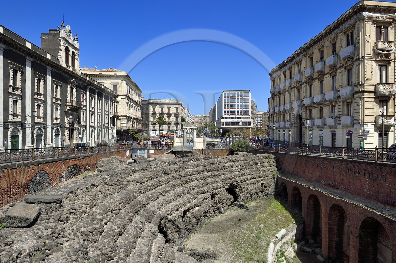 Italy, Sicily, Catania, Baroque city listed as UNESCO World Heritage, Piazza Stesicoro, the Roman amphitheater built in the second century is one of the largest in the Roman Empire