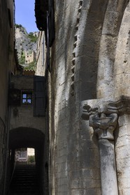 France, Herault, Medieval town of Saint-Guilhem-le-Desert, a stop on el Camino de Santiago, pilgrimage route to Compostela, labelled Les Plus Beaux Villages de France (The Most Beautiful Villages of France), detail of the porch of the abbey of Gellone from the 11th century listed as World Heritage by UNESCO