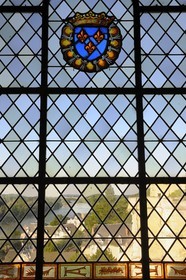 France, Indre et Loire, Amboise, Loire Valley listed as World Heritage by UNESCO, Chateau d'Amboise, stained glass window of the dwelling of the king