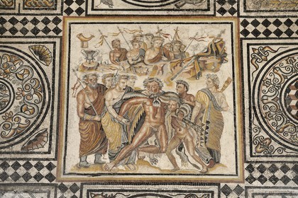 France, Rhone, Lyon, historical site listed as World Heritage by UNESCO, colline de Fourviere, Gallo-Roman Museum of Fourvière, Hercule's drunkenness mosaic dating from the 2nd century and coming from a house of Vienna