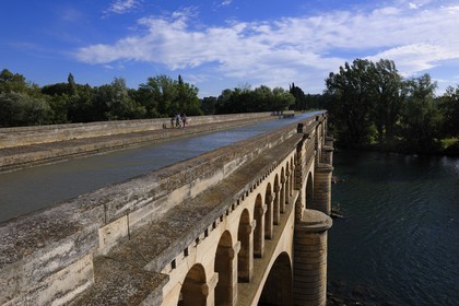 France, Herault, Beziers, the Canal Bridge from the Canal du Midi, listed as World Heritage by UNESCO, overcrossing the river Orb
