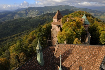 France, Bas Rhin, Orschwiller, Alsace Wine Road, Haut Koenigsbourg Castle, the great Bastion overlooking the forest around and the upper garden