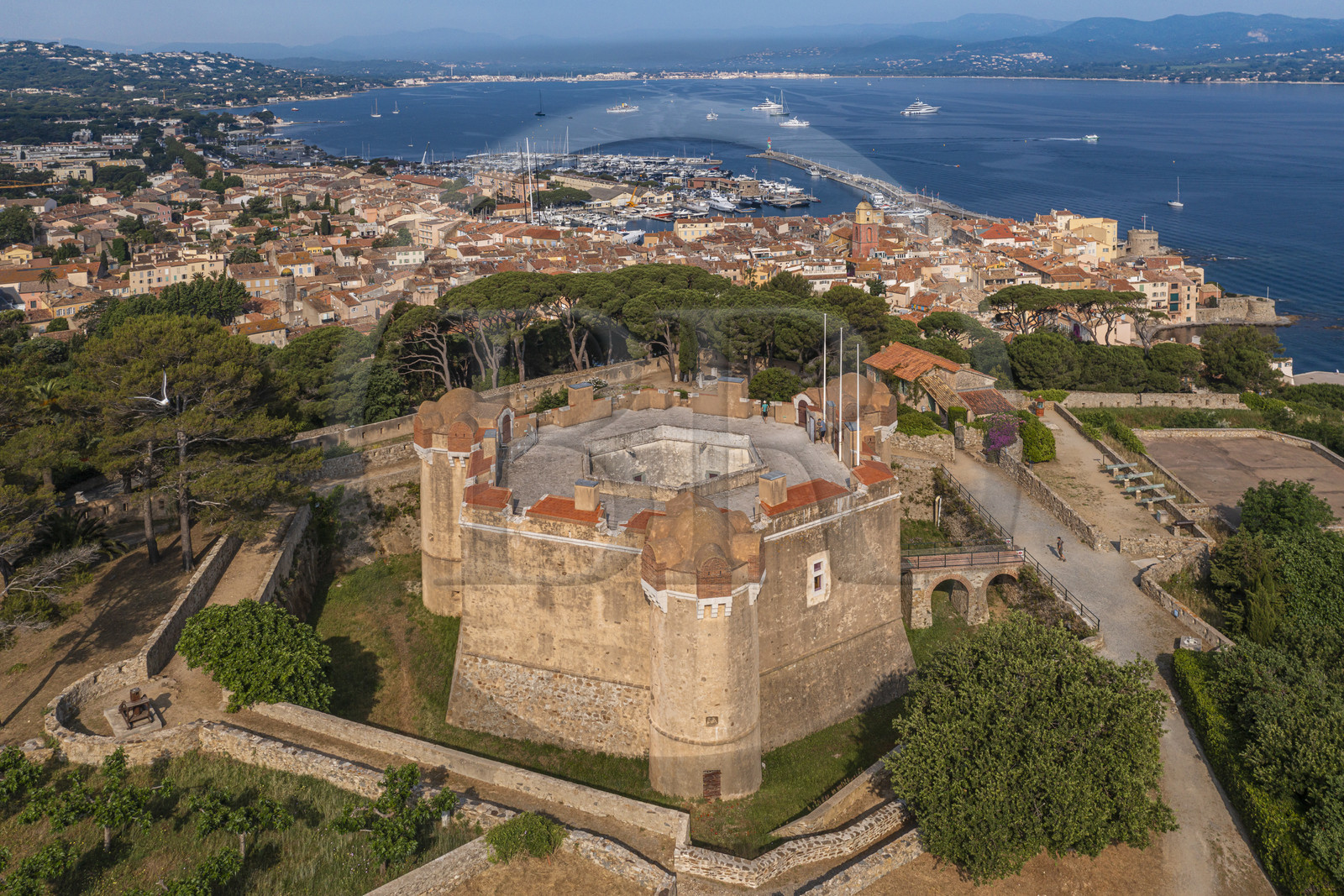 France, Var, Saint-Tropez, 16th century the citadel which houses the maritime history museum, the city is in the background (aerial view)